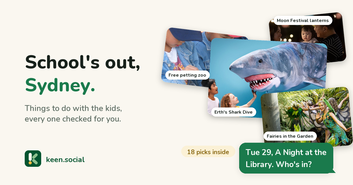 School holidays in Sydney: a collage of things to do with the kids, including Erth's Shark Dive, Fairies in the Garden, Free petting zoo, Moon Festival lanterns.