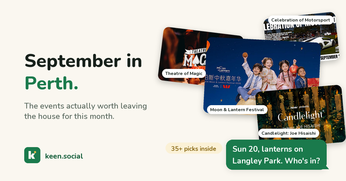 September in Perth: a collage of the month's events including the Moon and Lantern Festival, Candlelight: Joe Hisaishi, Theatre of Magic and Celebration of Motorsport, and one message that makes the plan.